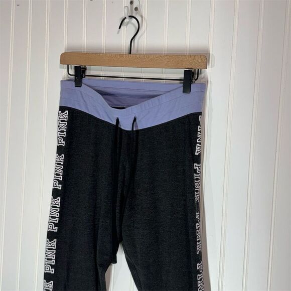 Victoria’s Secret PINK Yoga Leggings Large Fold Over Logo Side Charcoal Purple - Picture 3 of 4